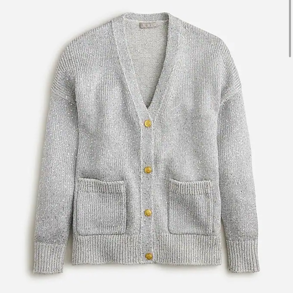 J. Crew Sequin V Neck Cardigan Sweater - Silver/Gray M
